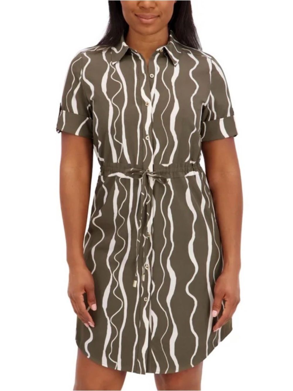 Halston Olive Green Wavy-Stripe Shirt Dress with Tie Waist